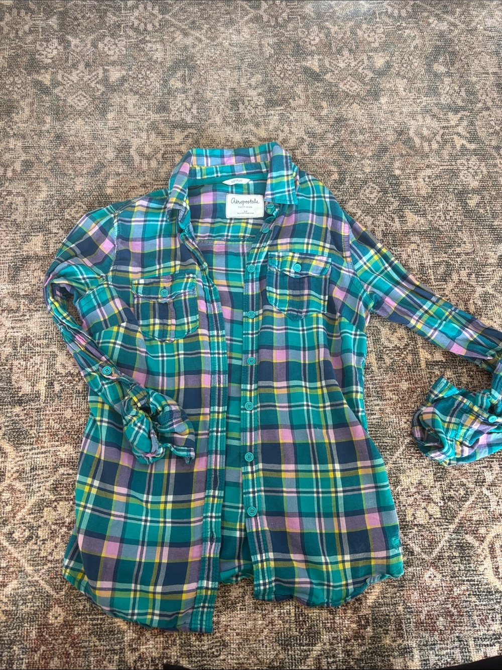 Juniors/tween Aeropostale Teal, Purple & Yellow Plaid Button-Down Shirt